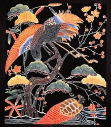 Kraanvogels en langstaartschildpad (tsurugame), detail van kimonostof met gelukbrengende motieven, Japanse beschaving, Edoperiode