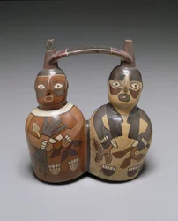 Dubbel-tuit vat met handvat: Twee figuren, Midden Nazca