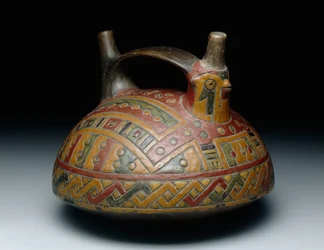 Dubbele tuit met handvat vat met een valk, Vroege Horizon, Epoch 8, c.500-400 v.Chr.