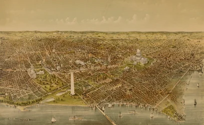 De stad Washington (Vogelvlucht vanaf de Potomac kijkend naar het noorden)