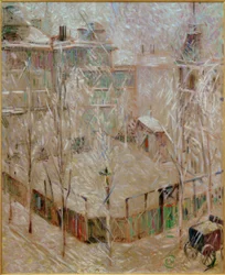 Uitzicht vanuit het atelier op besneeuwde huizen in de Rauchstraße