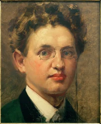 Zelfportret, en face, met knijpbril