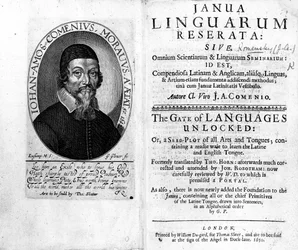 Frontispice en titelpagina van Janua Linguarum Reserata met een portret van Jan Amos Komensky, gegraveerd door George Glover, 1650