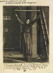 John Gerard, een Engelse Jezuïetenpriester, opgehangen aan kettingen aan de kerkerwand in de Tower of London
