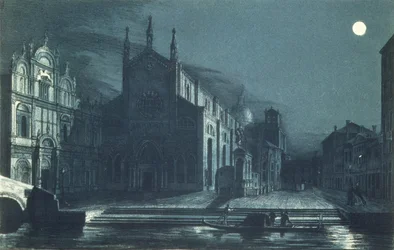 Nachtelijke scène van de kerk van SS. Giovanni en Paolo, Venetië, gegraveerd door Brizeghel