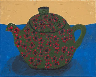 Stilleven met groene bloemen en een theepot