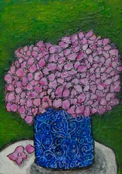 Stilleven met roze hortensia’s