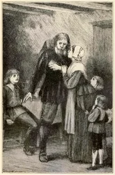 Christian vertrouwt zijn vrouw uit De Pelgrimsreis Van Deze Wereld, Naar Die Welke Komt door John Bunyan (1628-1688) illustratie door Thomas Dalziel (1823-1906)