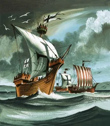 Handelsschepen met Teutoonse ridders aan boord naderen een piratenschip