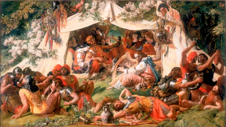 Alfred de Saksische koning, vermomd als minstreel, in de tent van Guthrum de Deen