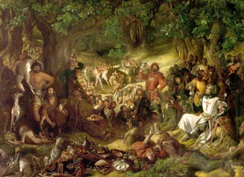 Robin Hood en zijn Vrolijke Mannen vermaken Richard Leeuwenhart in Sherwood Forest