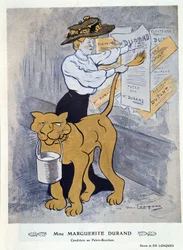 Marguerite Durand die haar verkiezingsposters plakt - door Daniel De Losques, in “Fantasio” van 01/04/1910