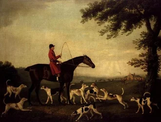Jager met honden in een landschap