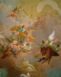 Hermes begeleidt Diana, Godin van de Jacht, naar de Olymp waar Zeus zijn troon voor haar heeft vrijgemaakt (fresco)