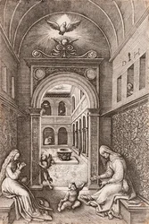 Maagd Maria, het kindje Jezus en Sint-Anna bij een portaal