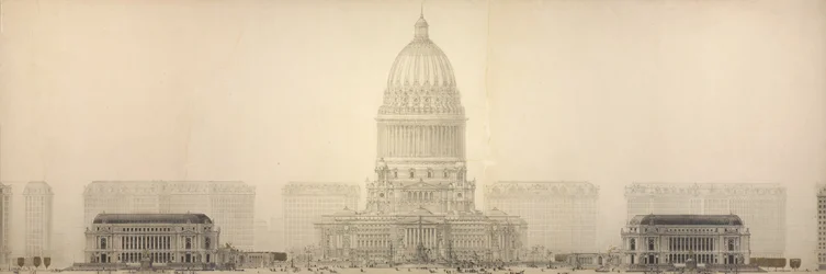 Plaat 131 uit The Plan of Chicago, 1909: Chicago. Elevation Showing the Group of Buildings Constituting the Proposed Civic Center.