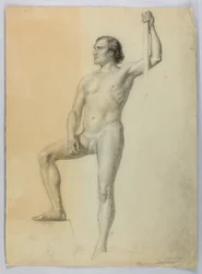 Tekening, Mannelijk naakt met een voet op een trede, 1858
