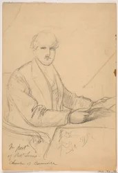 Tekening, Robert Lenox zittend aan een bureau voor het portret van de Kamer van Koophandel, 1865