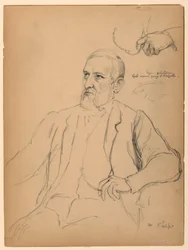 John Jay Phelps zittend, aparte hand- en kettingstudie