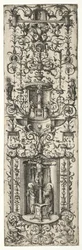 Ornamentale filet met de kruisiging en de maagd en het kind