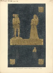 Koperen plaat voor Gregory Lovell en zijn vrouw Anne, dochter van David Bellingham, Harlington Church