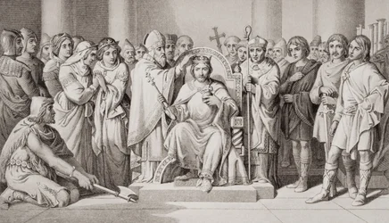 Kroning van Harold II (ca. 1022-66) Koning van de Angelsaksen in 1066, uit 