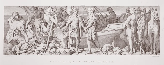 Harold, op het punt om terug te keren naar Engeland, neemt afscheid van William, die hem overladen met afscheidsgeschenken, uit 