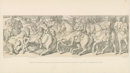 Ochtend van de slag. De Normandische hoofdman Taillefer leidt het voorhoede van hertog Willem, zingend het lied van Roland en jonglerend met zijn zwaard