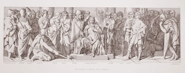 De kroning van Harold als koning van Engeland, uit 