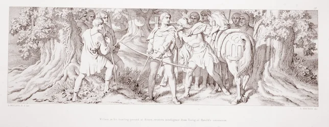 Willem ontvangt in zijn jachtgebied bij Rouen van Tostig het bericht van Harolds kroning, uit ‘Het verhaal van de Normandische verovering’, gegraveerd door L. Gruner, 1866