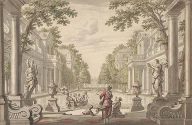 Gezicht op een paleistuin met een centrale vijver omringd door klassieke architectuur ..., ca. 1700-1720