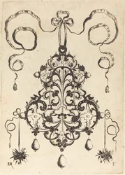 Groot hanger, linksonder en rechtsonder twee bosjes gras en fruit