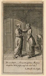 Een vader of voogd die met een meisje praat, illustratie van het toneelstuk "Nicht mehr als sachs Schuesseln" door Fredrich Wilhelm Grossman in "Königl: Grosbrit [anische] Genealogischer Kalender auf das 1782 Jahr Lauenberg bey J.G. Berenberg"