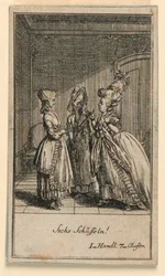 Een Oudere Vrouw Scheldt een Meisje uit, Illustratie van het Toneelstuk "Nicht mehr als sachs Schuesseln" door Fredrich Wilhelm Grossman in "Königl: Grosbrit [anische] Genealogischer Kalender auf das 1782 Jahr Lauenberg bey J.G. Berenberg"