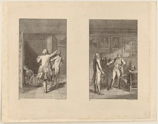 De baron jaagt Candide het kasteel uit [links]; Candide, Kunigunde en de oude vrouw voor de stadhouder van Buenos Aires [rechts]
