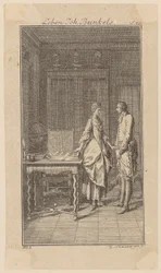 Bunkel in de bibliotheek van mejuffrouw Henriette Noel, blad 1 uit „Leven, opmerkingen en meningen van Johann Bunkel”