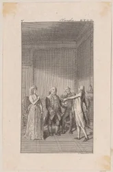 Clarisse, haar oom Anton, haar broer Jacob en Solmes in gesprek