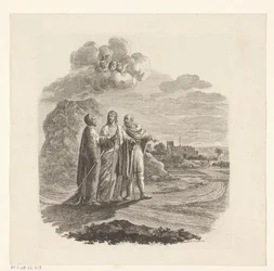 Cleopas en Petrus ontmoeten Christus op hun weg naar Emmaüs