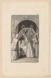 Lovelace, die in het hemelbed ligt, pakt Clarisses hand vast