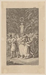 De ontvoering van Miss West tijdens een herdersspel van Molière in een bosje, plaat 15 uit “Leven, observaties en meningen van Johann Bunkel”