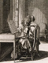 Muziek, vrouw die het spinet speelt, door Daniel Niklaus Chodowiecki, uit Occupations des dames, Duitsland, Polen