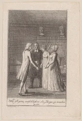 Pastor Sembach geeft Hellberg de hand van zijn dochter Minchen, blad 6 uit de reeks „De roep naar de stad“