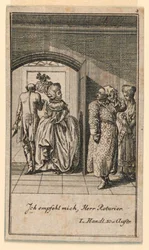 Het oudere echtpaar beëindigt hooghartig een bezoek, Illustratie van het toneelstuk "Nicht mehr als sachs Schuesseln" door Fredrich Wilhelm Grossman in "Königl: Grosbrit [anische] Genealogischer Kalender auf das 1782 Jahr Lauenberg bey J.G. Berenberg"