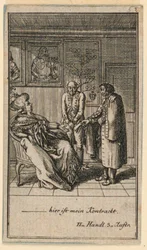 De oudere vrouw huurt een man, illustratie van het toneelstuk "Nicht mehr als sachs Schuesseln" door Fredrich Wilhelm Grossman in "Königl: Grosbrit [anische] Genealogischer Kalender auf das 1782 Jahr Lauenberg bey J.G. Berenberg"