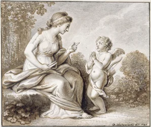 Venus dreigt de vleugels te kortwieken van Amor, die rechts voor haar staat