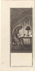 Jonge man schrijft bij lamplicht