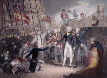 Admiraal Nelson ontvangt het zwaard van de Spaanse admiraal, Slag bij St. Vincent