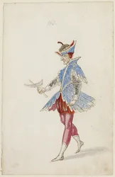 Mannelijke figuur in een blauw en rood kostuum van het Ballet des quatre saisons de l