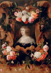 Aartshertogin Maria Anna omringd door bloemen (schilderij op eikenhout)