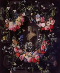 Bloemenslinger rond een marmeren buste van aartshertog Leopold Guglielmo
